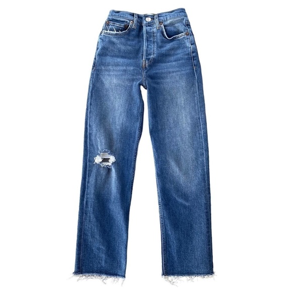 RE/DONE original Ultra High Rise Stove Pipe Vintage Indigo Destroy Jean Size 24 - Picture 2 of 10